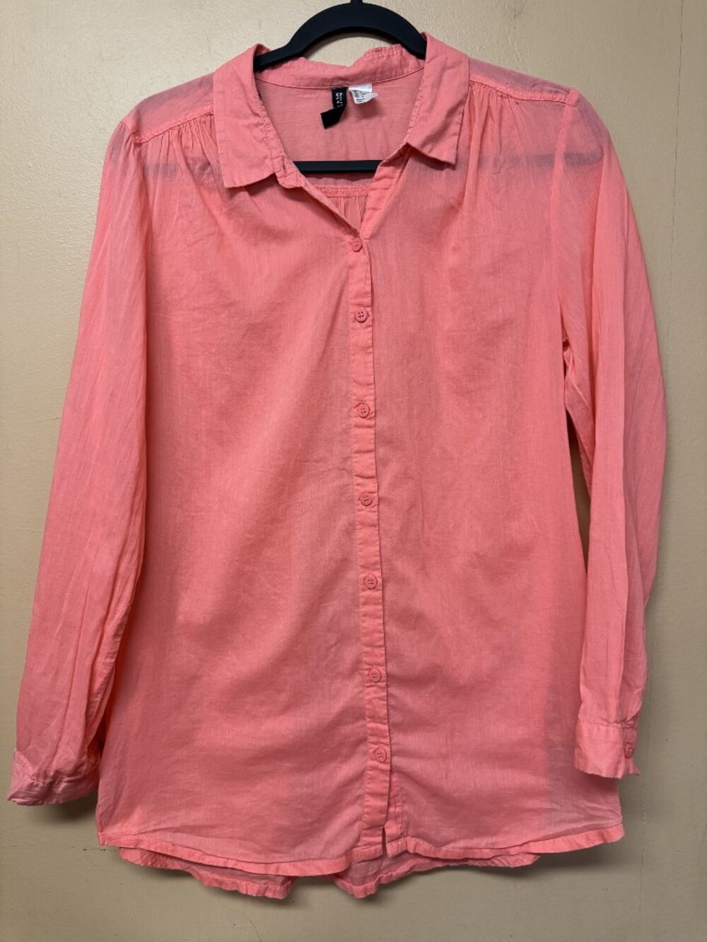 H&M Divided Cotton Coral Pink Button Front Long Sleeve Blouse Size 12 Beachy